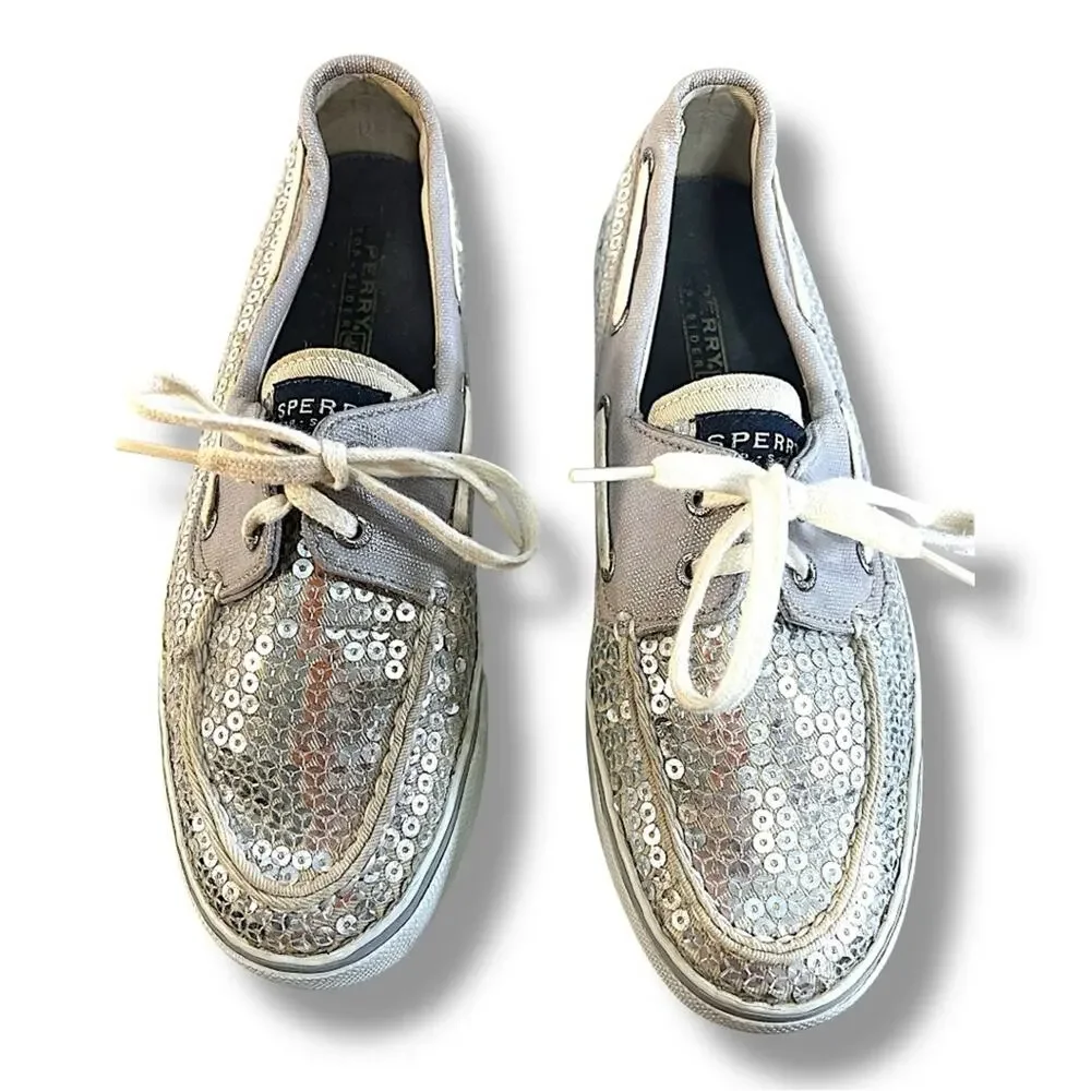SPERRY TOP SIDERS Silver Sequin and Ivory or beige SZ 7.5